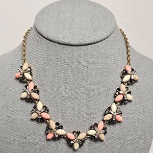 [J. CREW] Pink, Peach, Tan & Black Gems ○● Floral Gold Tone Statement Necklace
